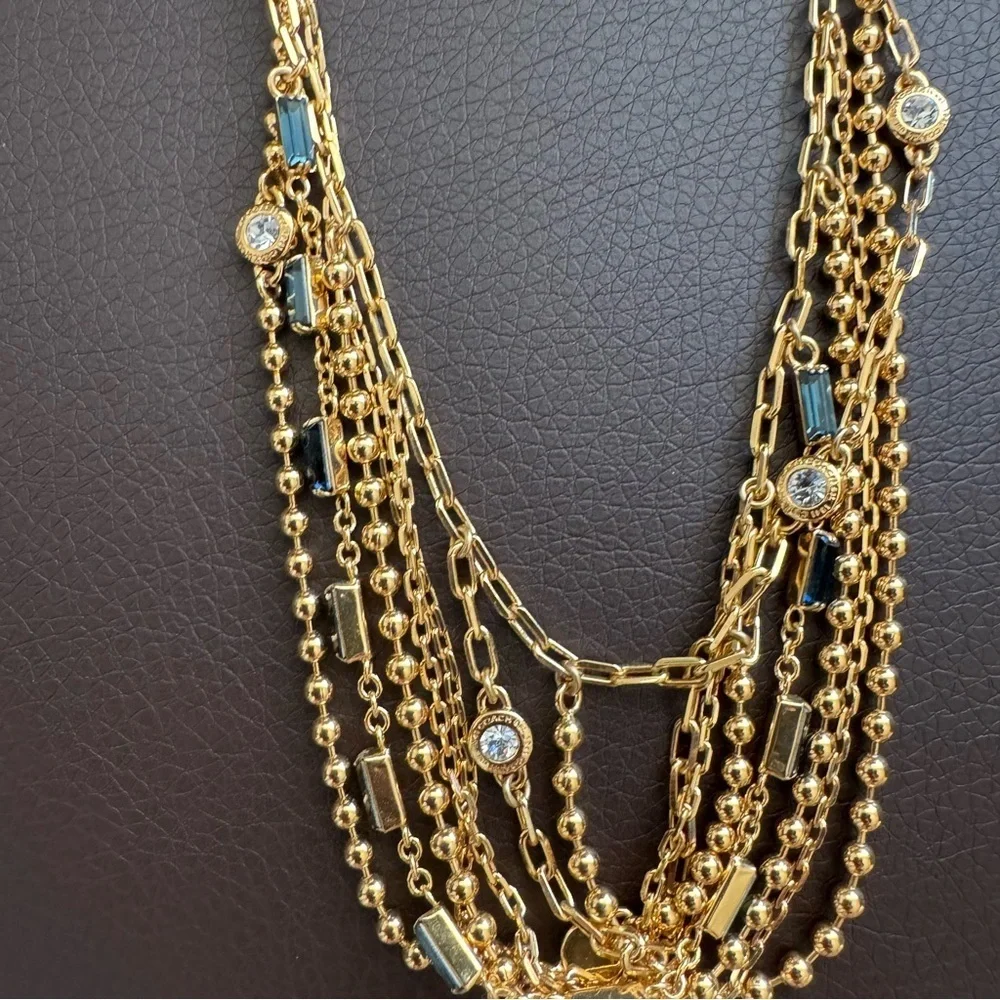 New Coach Elegant Gold Multi-Layer Chain Necklace with Gem Accents - Picture 4 of 7